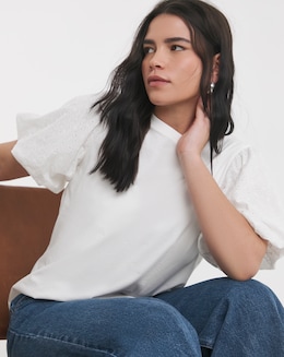 Simply Be White Broderie Sleeve Crew Neck T-Shirt