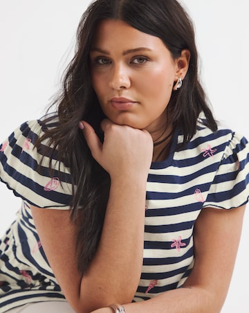 White & Blue Stripe Embroidered Seaside Peplum Top