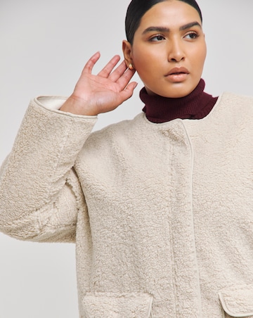 Neutral Collarless Teddy Maxi Coat
