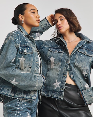 Simply Be X Twisted Wunder Mid Wash Star Embellished Boyfriend Denim Jacket