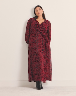 Red Leopard Georgette Frill Wrap Midi Dress
