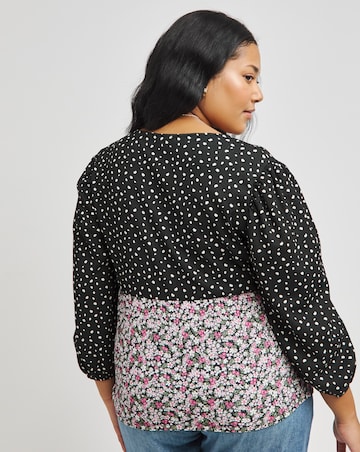 V-Neck Balloon Sleeve Mixed Print Top