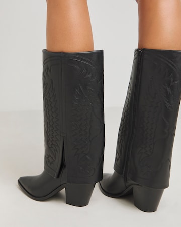 Mara Leather Embroidered Cuff Western Boots - Wide Fit (E) & Curvy Calf