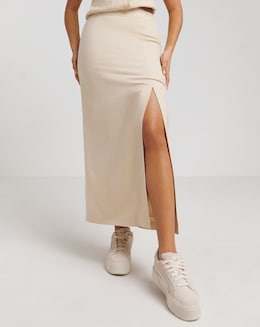 Stone Linen Tailored Maxi Skirt