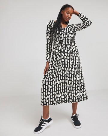 Mono Print Waffle Button up Midi Dress With Pockets