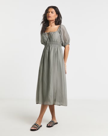 Sage Shirred Milkmaid Midi Dress