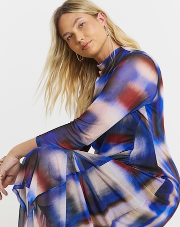 Check Print Ruched Mesh Midi Dress