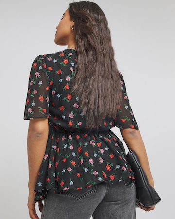 Black Floral Ruched V Neck Adjustable Blouse with Angel Sleeve