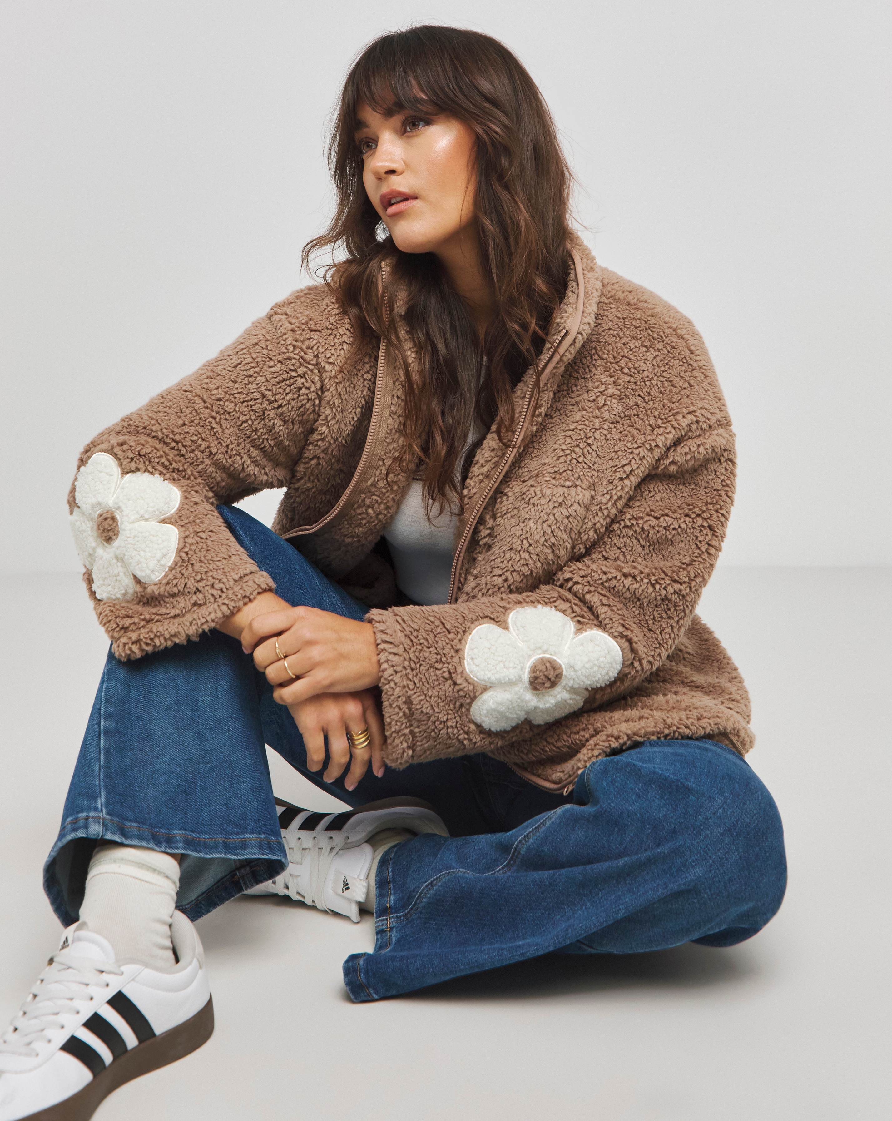 Latte Teddy Flower Zip Through | Simply Be