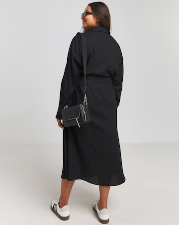 Black Tie Waist Long Sleeve Midi Shirt Dress