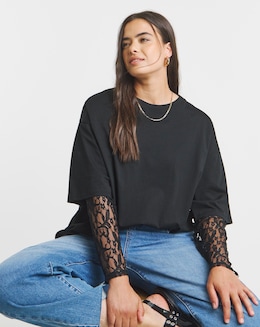 Black 2 in 1 Jersey T-Shirt with Lace Sleeves