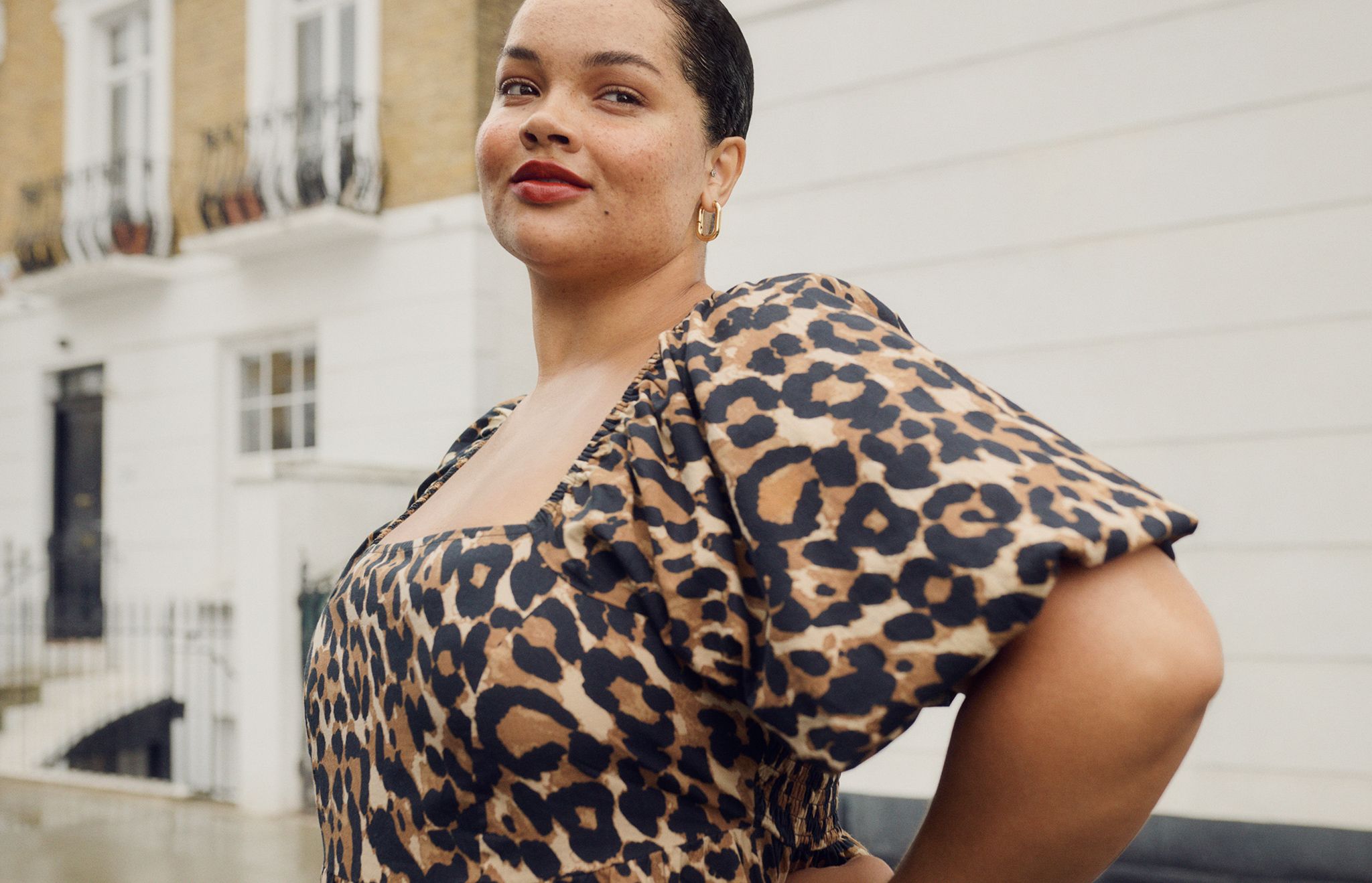 Model wears Leopard Print Poplin Maxi Dress