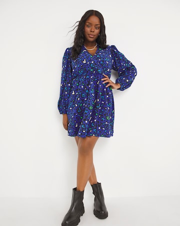 Blue Animal Print Wrap Shirt Dress