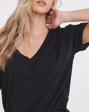 Black Oversized Exposed Seam Pure Cotton V Neck T-Shirt