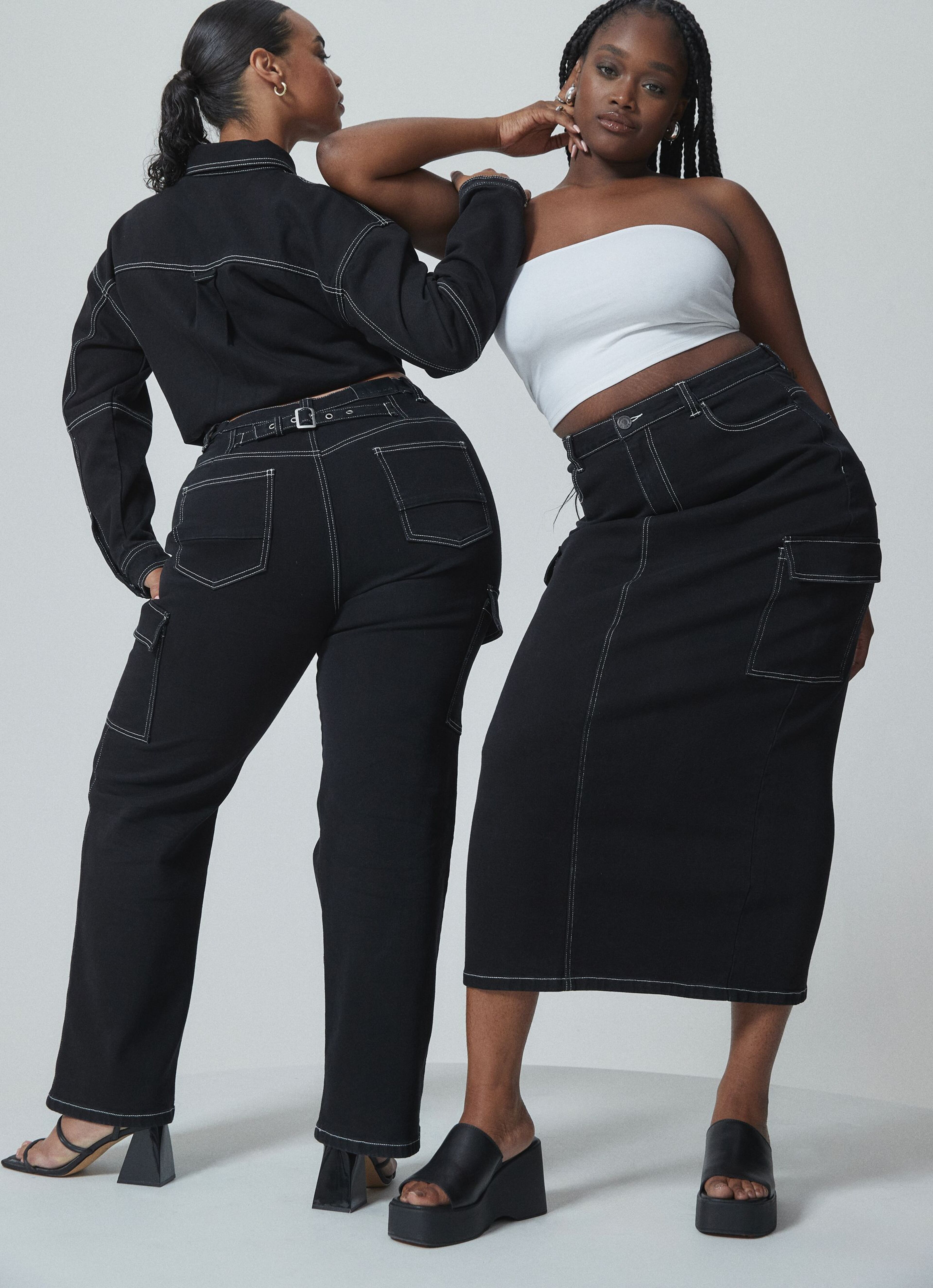 models wearing double denim