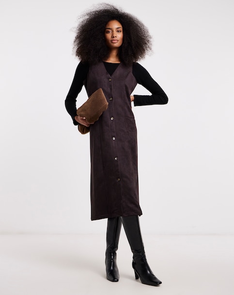 Chocolate Suedette Button Through Midi Dress