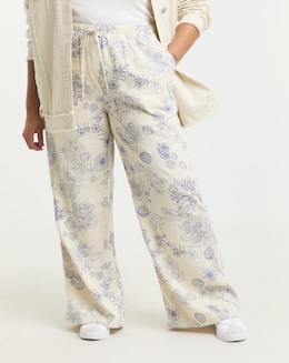 Ivory Floral Print Tie Waist Linen Mix Wide Leg Trousers