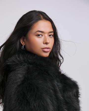 Black Longline Collar Revere Faux Fur Coat