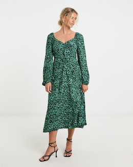 Green Animal Print Corset Detail Midi Dress