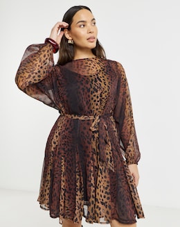 Leopard Skater Dress With Godet And Waist Tie Detail