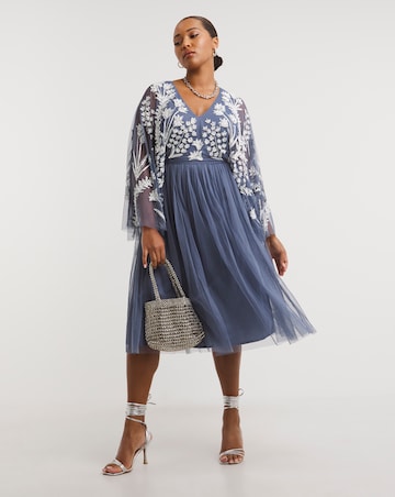 Maya Curve Cape Sleeve Floral Embellished Tulle Midi Dress