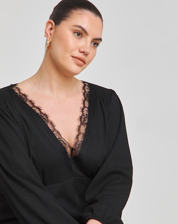 Black Long Sleeve Waffle Lace Trim Skater Dress