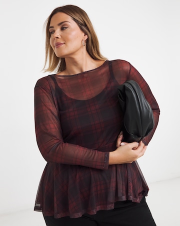 Red & Burgundy Check Print Peplum Mesh Top