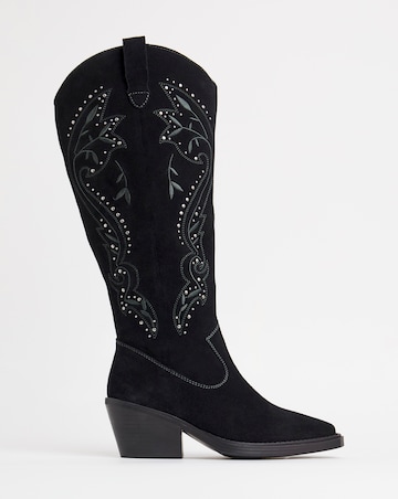 Venus Suede Embroidered Knee High Western Boots Wide E Fit Curvy Calf