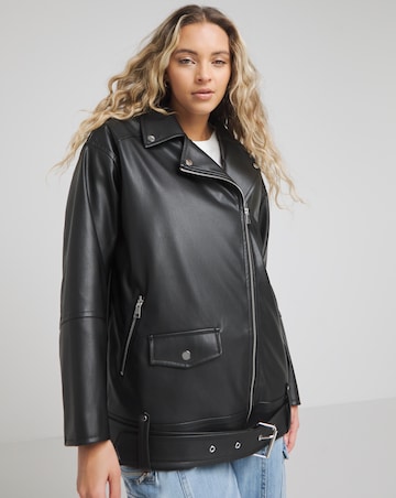 Black Faux Leather Oversized Belted Biker