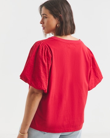 Red Broderie Sleeve V Neck T-Shirt
