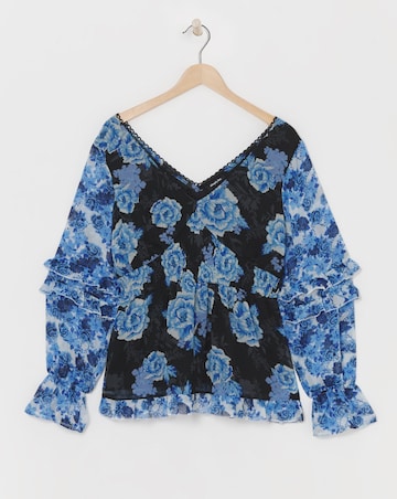 Blue Floral Shirred V-Neck Peplum Blouse with Frill Detail
