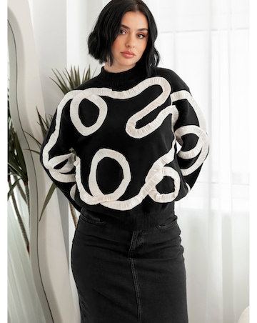 Lovedrobe Black Jumper With Contrasting Satin Squiggle Applique