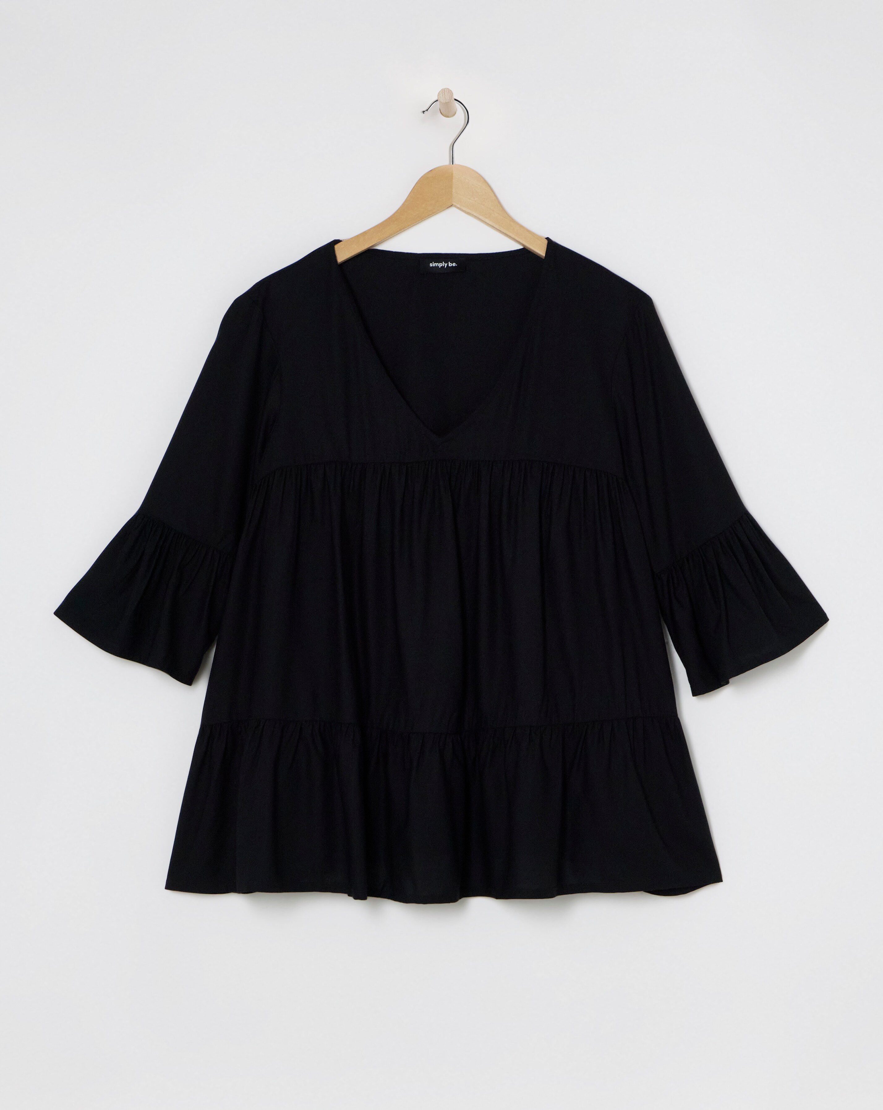 Simply Be Black Viscose V Neck Tiered Smock Blouse