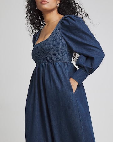 Dark Blue Denim Shirred Maxi Smock Dress