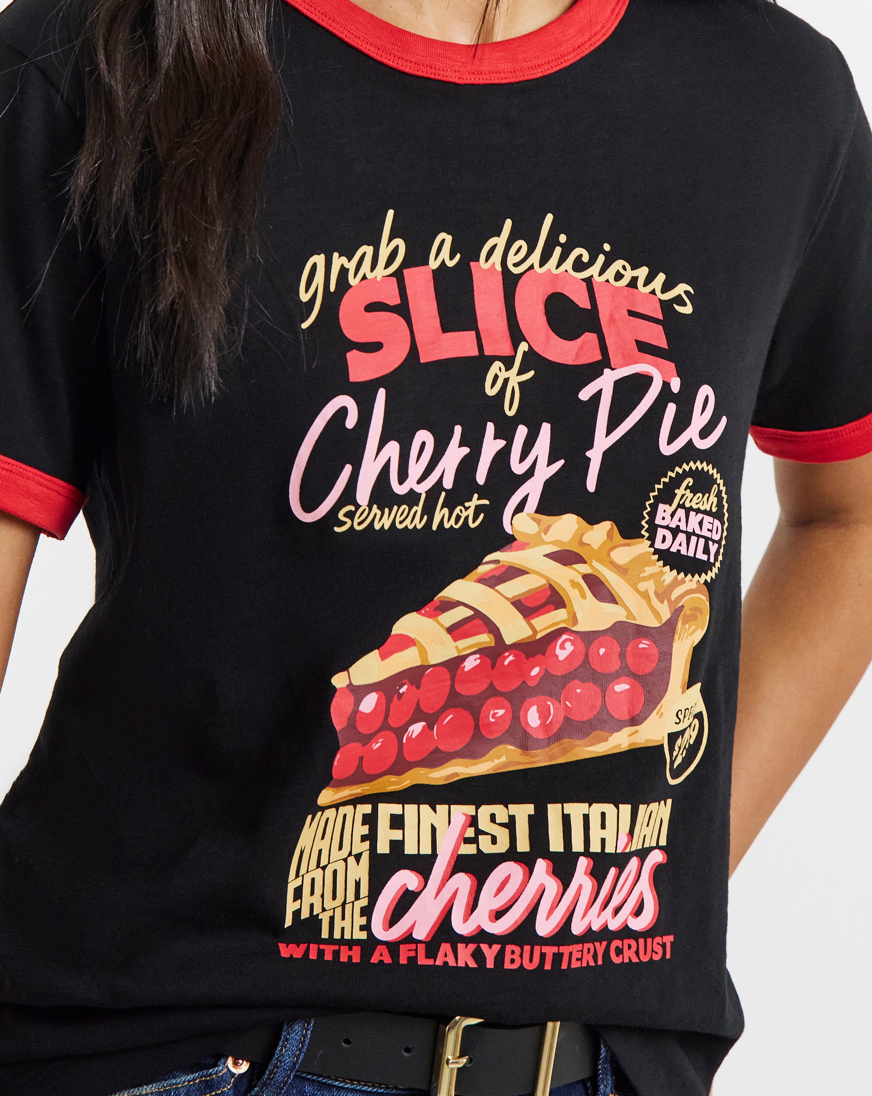 Simply Be Black Cherry Pie Graphic Ringer T-Shirt | Simply Be