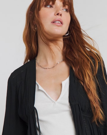 Black Embroidered Trim Longline Kimono With Shell Tie