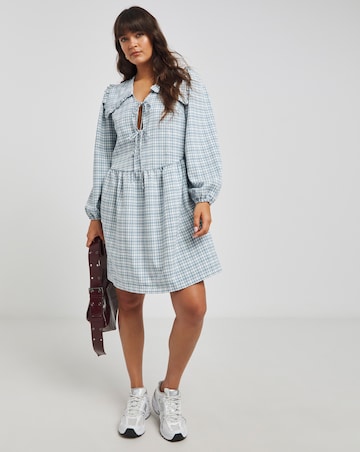 Blue Checked Collared Tie Front Smock Dress