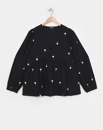 Embroidered V Neck Floral Long Sleeve Blouse