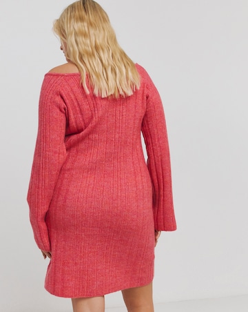 Pink Rib Slash Neck Knitted Mini Dress