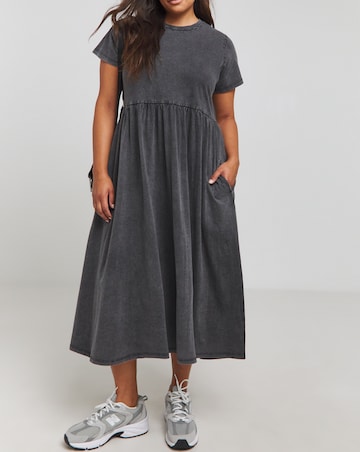 Grey Acid Wash Cotton Jersey Short Sleeve Pocket Midi Dress