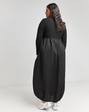 Black Long Sleeve Jersey Poplin Mix Puffball Dress With Pockets