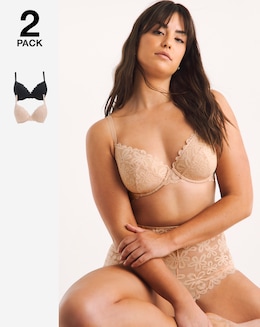Pretty Secrets (2 Pack) Daisy Lace Plunge Wired Bras (B-F) Black/Almond