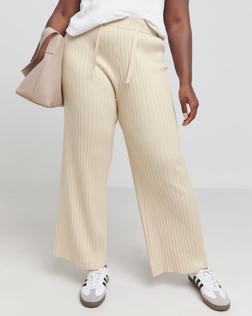 Beige Ribbed Knitted Wide Leg Trousers