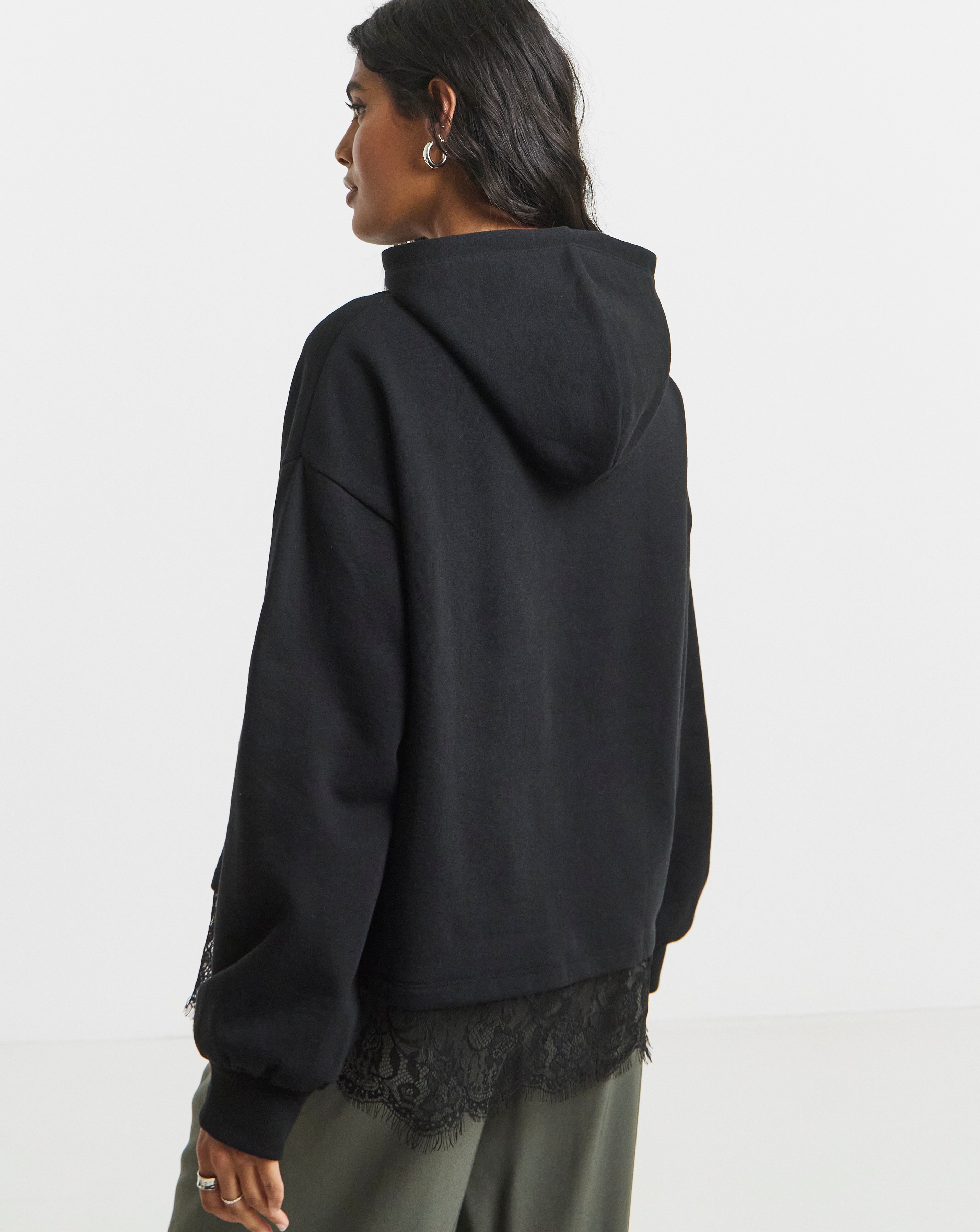 Black Eyelash Lace Trim Hoodie | Simply Be