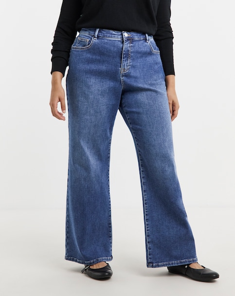 Mid Wash Fleece Lined Cosy Warm Feel  Stretch Wide Leg Jeans