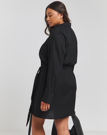 Black Tie Waist Long Sleeve Skater Shirt Dress