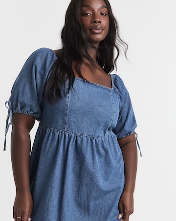 Mid Wash Midi Shirred Denim Smock Dress