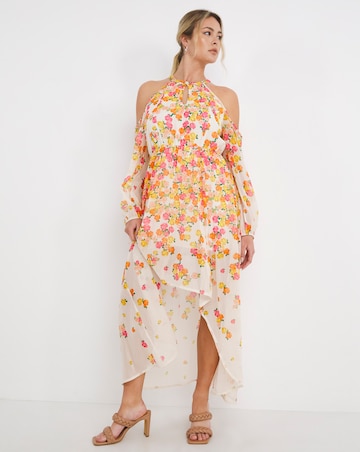 Boutique Floral Print Dip Hem Cold Shoulder Dress