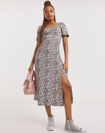 Ditsy Floral Ruched Front Waffle Midi Dress