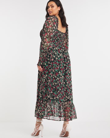 Floral Print Long Sleeve Shirred Chiffon Maxi Dress